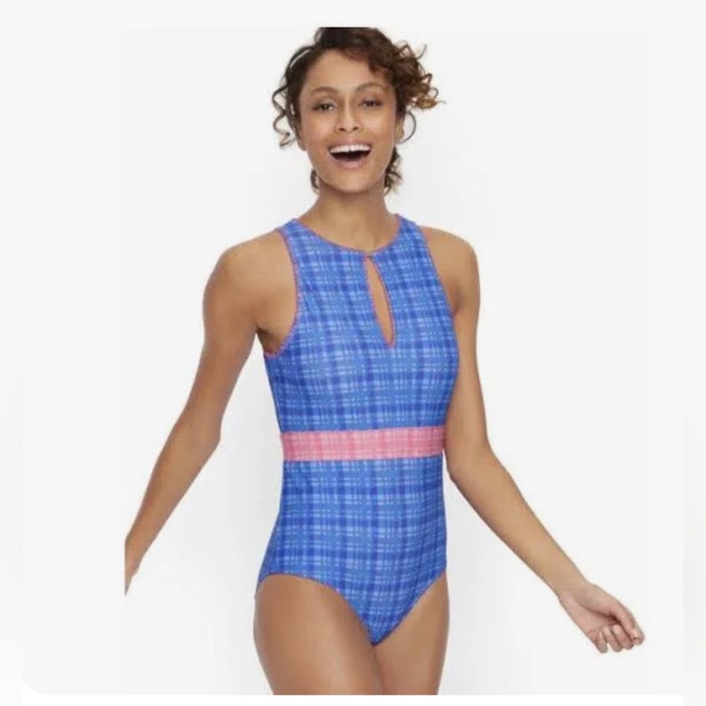 Talbots Cabana Life Blue and Pink Plaid One‎ Piece Swimsuit Women’s Size Large